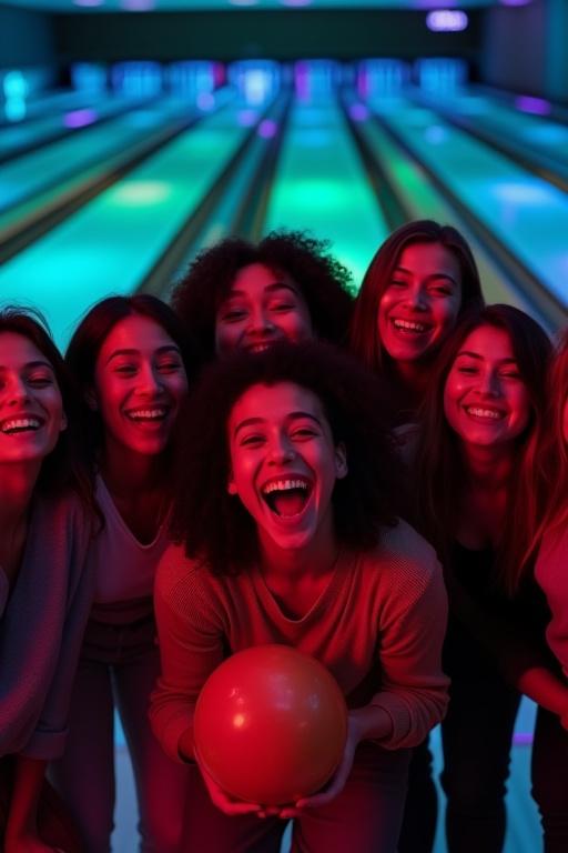 Eine lachende Gruppe posiert vor den Bowlingbahnen